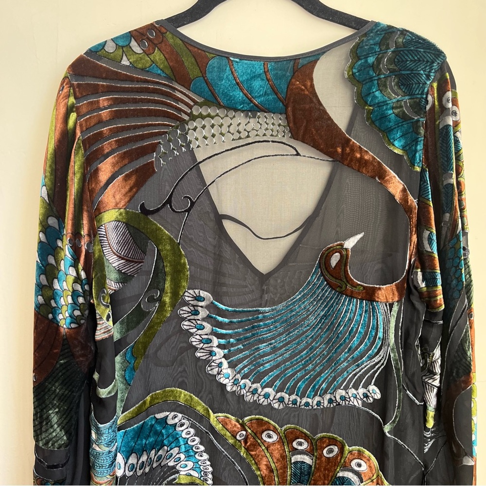 100% silk burnout velvet peacock tunic top - Picture 9 of 13